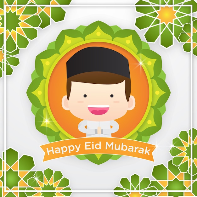 Tarjeta de felicitación de eid mubarak con linda ilustración de niño musulmán