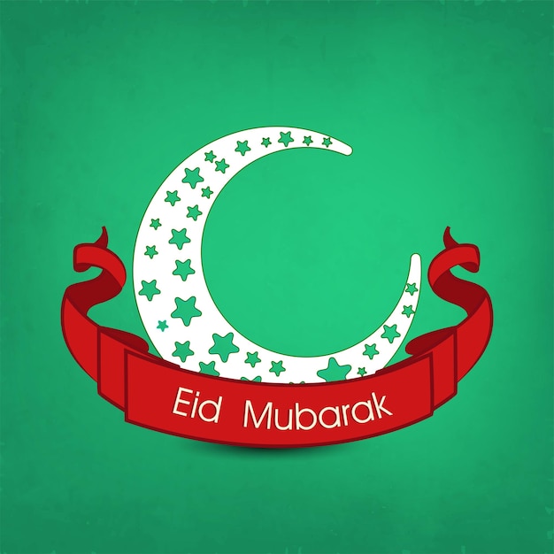 Tarjeta de felicitación de Eid Mubarak con luna creciente en patrón de estrella sobre fondo verde
