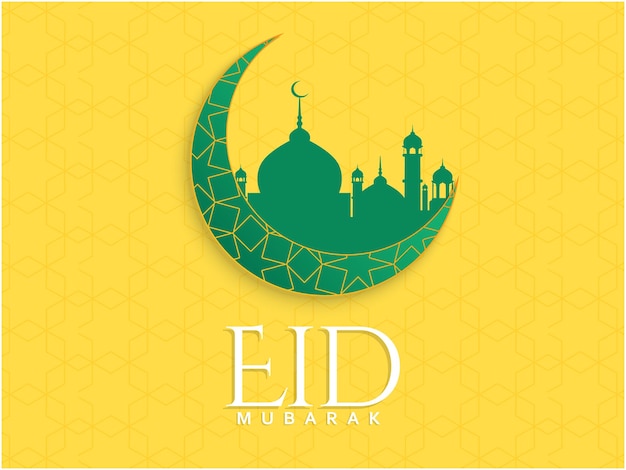 Tarjeta de felicitación de Eid Mubarak con mezquita y luna creciente