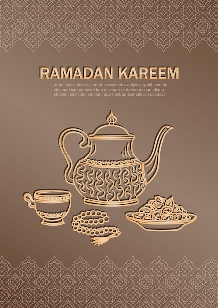 Tarjeta de felicitación de Eid Mubarak con taza de té árabe dorada lineal, rosario musulmán y fechas para Ift