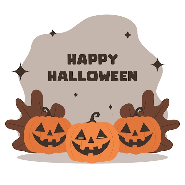 Tarjeta de felicitación con espantosas calabazas Jack y texto de Feliz Halloween