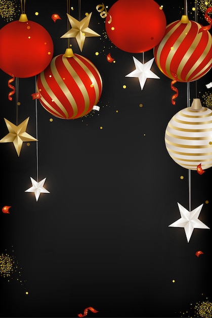 Tarjeta de felicitación de feliz año nuevo 2020 Bolas de Navidad, copos de nieve, serpentina, confeti, estrellas 3d sobre fondo negro. .