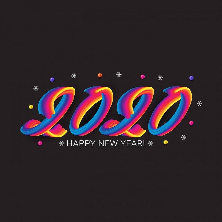 Tarjeta de felicitación de feliz año nuevo 2020 con coloridos números fluidos