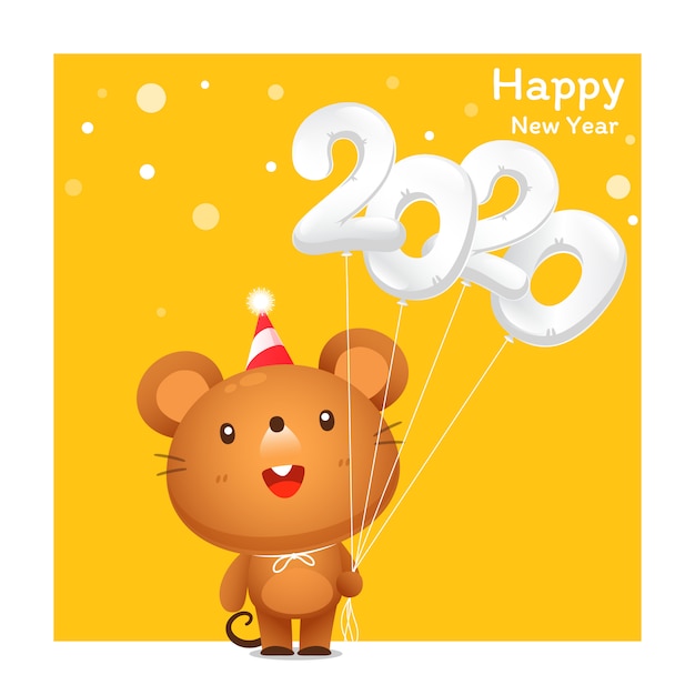 Tarjeta de felicitación de feliz año nuevo 2020 con dibujos animados lindo rata