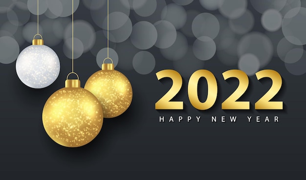 Tarjeta de felicitación de feliz año nuevo 2022 con bolas doradas y blancas realistas sobre fondo negro