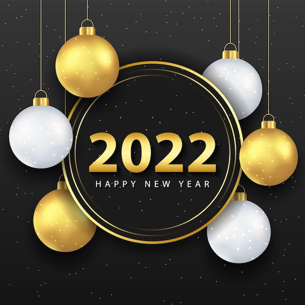 Vector tarjeta de felicitación de feliz año nuevo 2022 con bolas doradas y blancas realistas sobre fondo negro