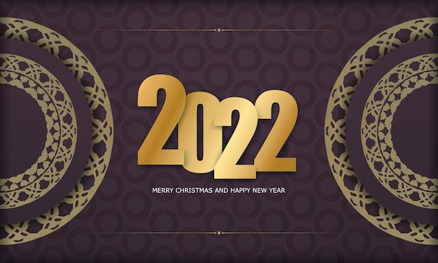 Tarjeta de felicitación de feliz año nuevo 2022 burdeos con patrón de oro de invierno