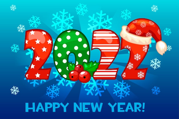 Tarjeta de felicitación de feliz año nuevo 2022 en un cartel de ilustración de vector de copos de nieve de fondo