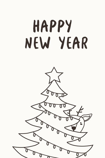 Tarjeta de felicitación de feliz año nuevo 2022 con lindo ciervo escondido detrás del árbol de Navidad. Personaje de dibujos animados de vacaciones de animales. Ilustración vectorial eps