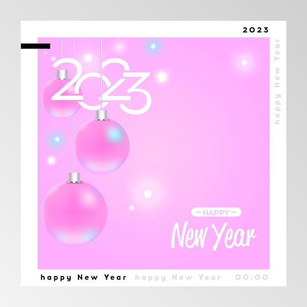 Tarjeta de felicitación de feliz año nuevo 2023 con juguetes de árbol de Navidad sobre fondo rosa