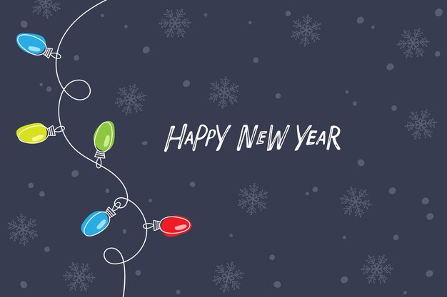 Tarjeta de felicitación de feliz año nuevo con bulbos de guirnalda sobre fondo azul oscuro cubierto de nieve