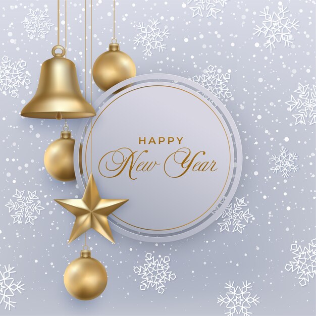 Tarjeta de felicitación de feliz año nuevo con campana, estrella, bolas. Adornos navideños dorados, nieve, copos de nieve.
