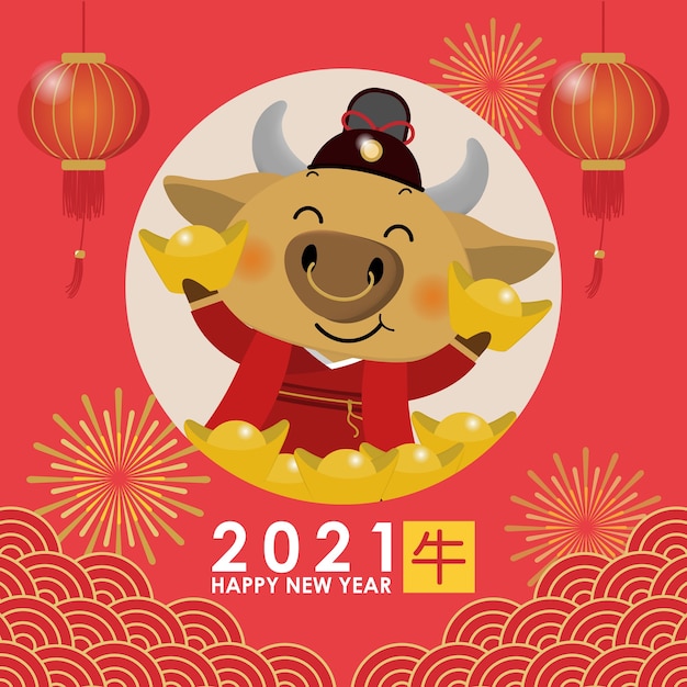 Tarjeta de felicitación de feliz año nuevo chino. zodíaco de buey.