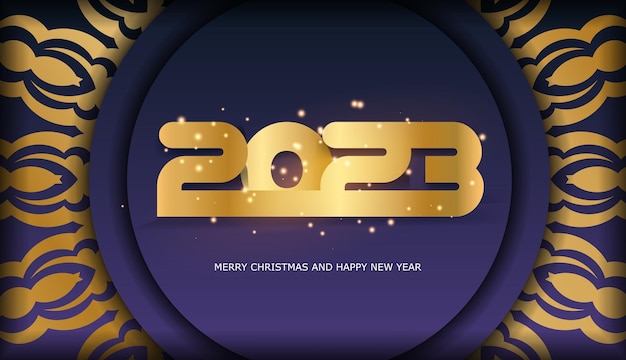 Tarjeta de felicitación de feliz año nuevo de color azul y dorado 2023