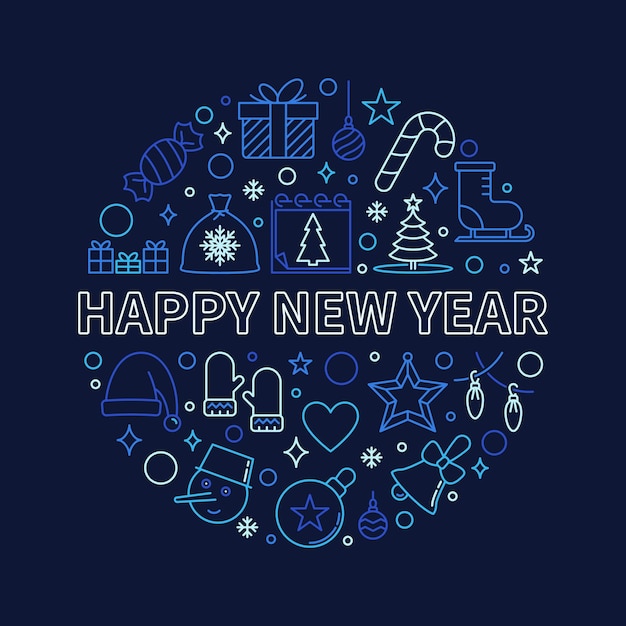 Tarjeta de felicitación de feliz año nuevo con diseño de línea redonda azul