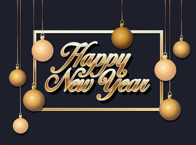 Tarjeta de felicitación de feliz año nuevo con letras doradas sobre negro