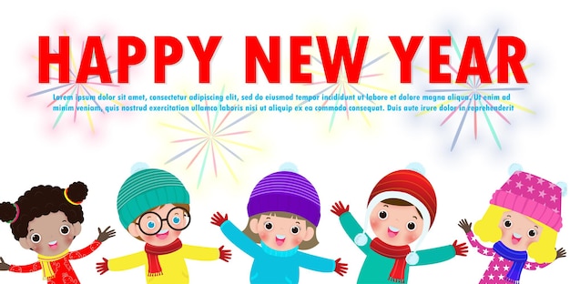 Tarjeta de felicitación de feliz año nuevo con niños del grupo