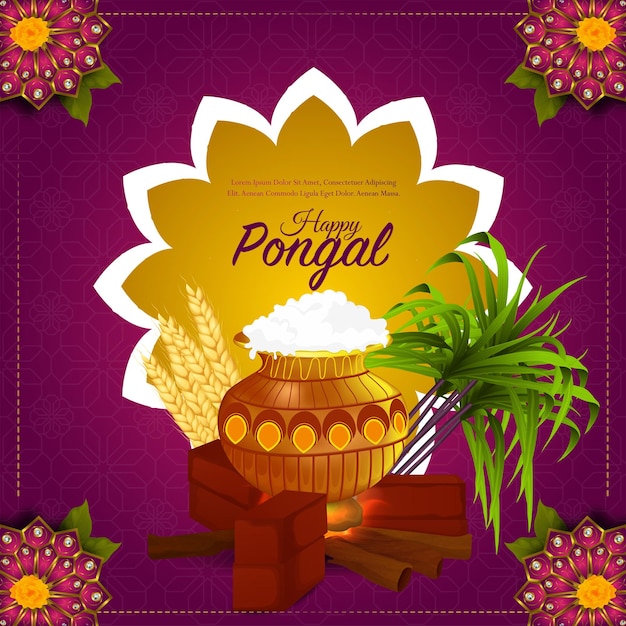 Vector tarjeta de felicitación feliz de la celebración del festival de la india del sur de pongal con la ilustración del vector