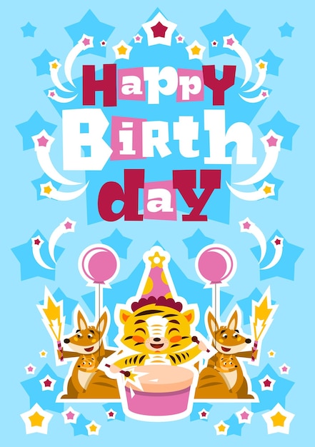 Tarjeta de felicitación feliz cumpleaños diseñado para imprimir invitaciones deseos lion drumming kangaroo y su bebé squib globo explosión fuegos artificiales estrellas fondo azul ilustración vectorial