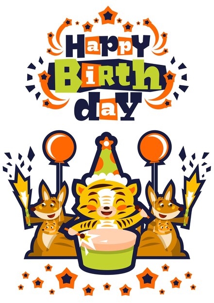 Tarjeta de felicitación feliz cumpleaños Diseñado para imprimir invitaciones deseos Lion Drumming Kangaroo y su bebé Squib Globo explosión fuegos artificiales estrellas Fondo blanco Ilustración vectorial
