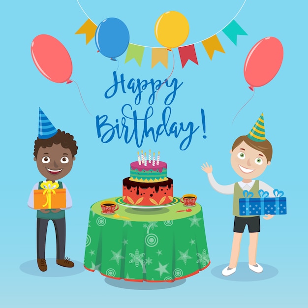 Vector tarjeta de felicitación de feliz cumpleaños con niños y pastel de cumpleaños.