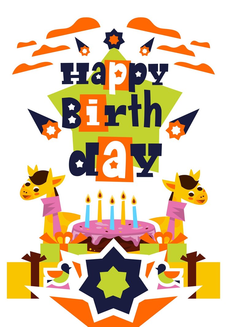 Vector tarjeta de felicitación con feliz cumpleaños pastel con velas una jirafa y una bufanda nubes de regalos estrellas fugaces letras pájaros diseñado para imprimir invitaciones y felicitaciones