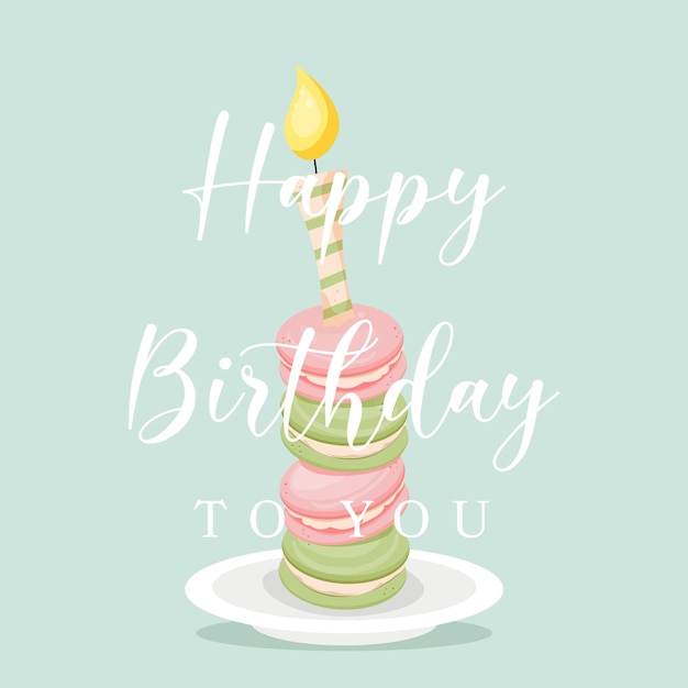 Tarjeta de felicitación de feliz cumpleaños, postal con macarons y velas para deseos de cumpleaños.