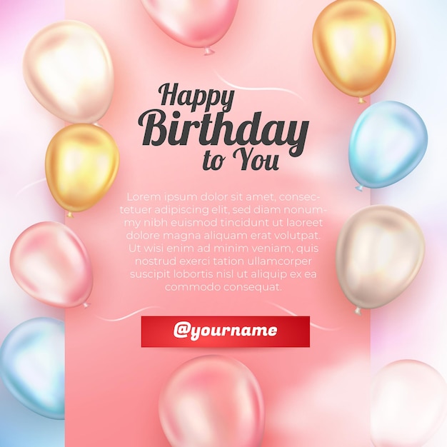 Tarjeta de felicitación de feliz cumpleaños realista con plantilla de redes sociales de fondo de cielo colorido de globo 3d