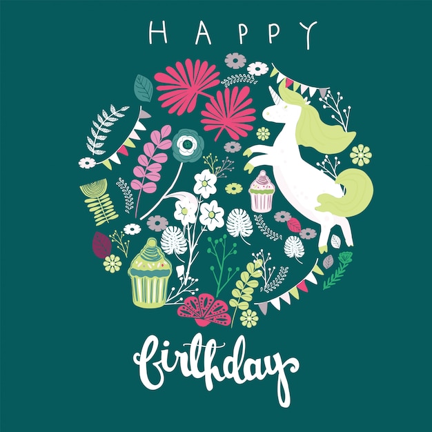 Tarjeta de felicitación del feliz cumpleaños con unicornio arte floral