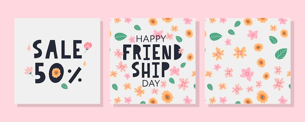 Tarjeta de felicitación feliz del día de la amistad, estampado floral y descuento de venta