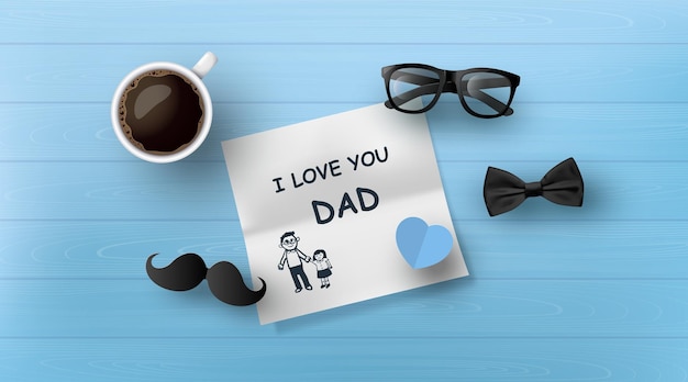 Vector tarjeta de felicitación feliz del día del padre con bigote, corbata, gafas en estilo de corte de papel