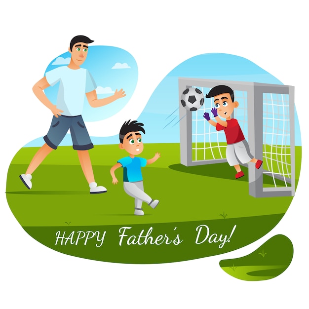 Vector tarjeta de felicitación feliz del día del padre. cartoon family play football