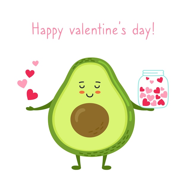 Tarjeta de felicitación de feliz día de san valentín aguacate con tarro de corazones