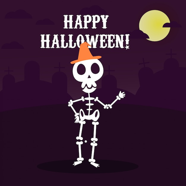 Vector tarjeta de felicitación feliz halloween con esqueleto divertido en fiesta