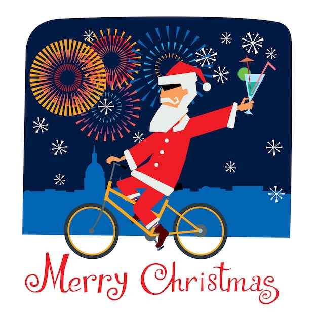 Tarjeta de felicitación Feliz Navidad Alegre Papá Noel con un cóctel monta una bicicleta