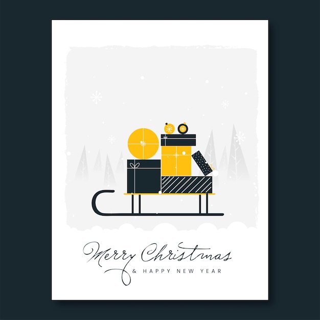 Tarjeta de felicitación de feliz Navidad y año nuevo con cajas de regalo de vector sobre trineo de hielo sobre fondo de árbol de Navidad gris y blanco
