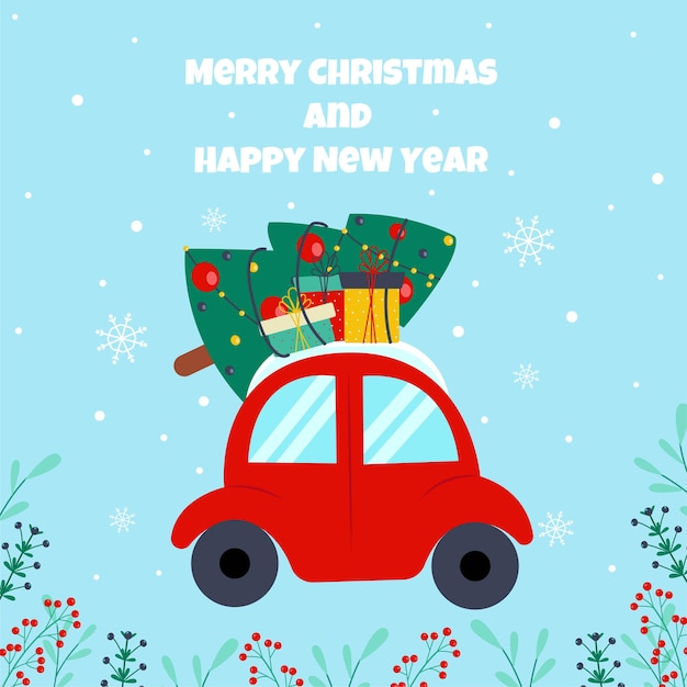 Tarjeta de felicitación de feliz Navidad y año nuevo Ilustración vectorial Coche lleva un árbol de Navidad