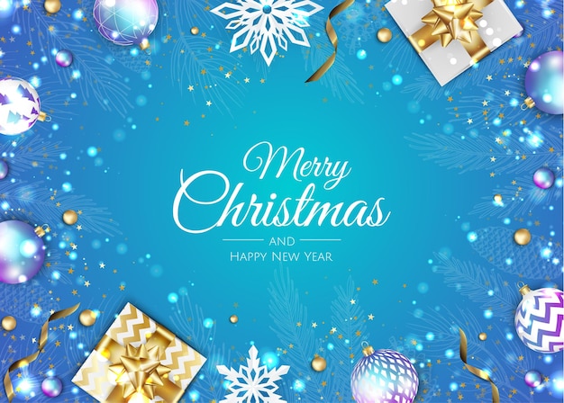 Tarjeta de felicitación de feliz Navidad con árbol de año nuevo, bolas de Navidad, copos de nieve. Ilustración de vacaciones de vector.