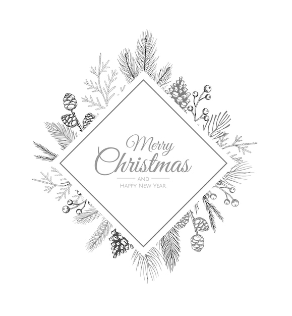 Tarjeta de felicitación de feliz Navidad con árbol de año nuevo. Ilustración de vacaciones de vector.
