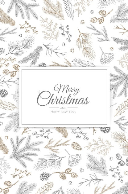 Tarjeta de felicitación de feliz Navidad con árbol de año nuevo. Ilustración de vector de diseño dibujado a mano.