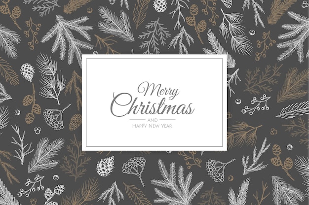 Tarjeta de felicitación de feliz Navidad con árbol de año nuevo. Ilustración de vector de diseño dibujado a mano.