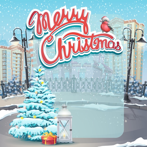 Tarjeta de felicitación de feliz Navidad con árbol en la ciudad