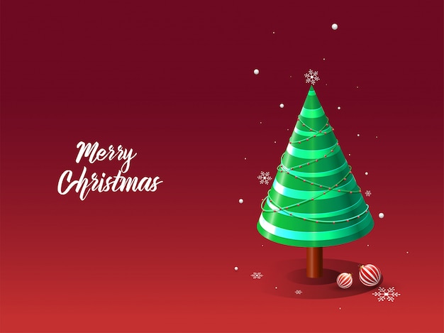 Tarjeta de felicitación de feliz Navidad con árbol de Navidad decorativo 3d, adornos y copos de nieve en rojo.