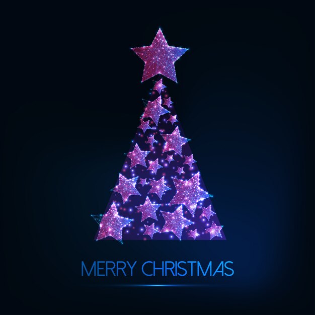 Tarjeta de felicitación de feliz navidad con árbol de navidad glowi low poly de estrellas brillantes.