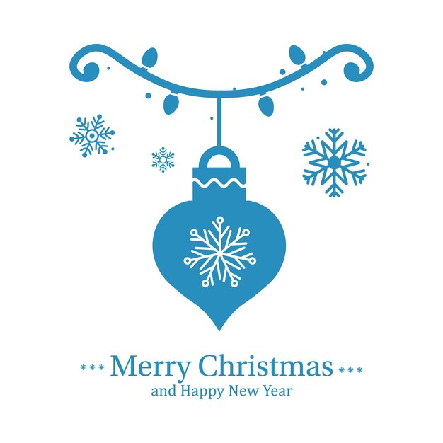 Tarjeta de felicitación de feliz Navidad con bolas y copos de nieve.