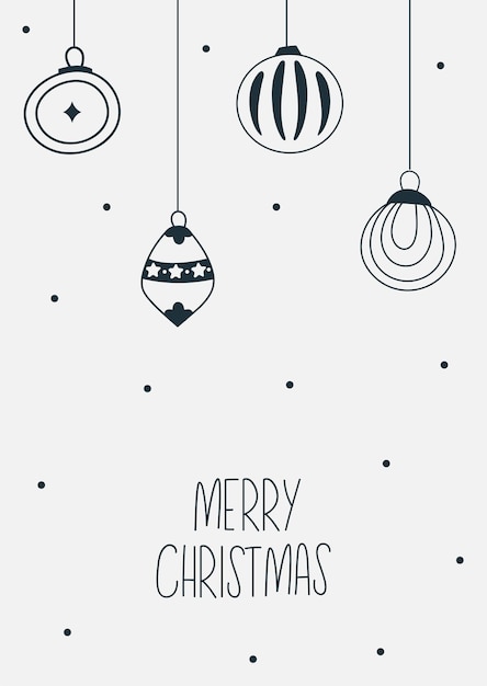 Tarjeta de felicitación de Feliz Navidad con bolas simples y letras Vector dibujado a mano