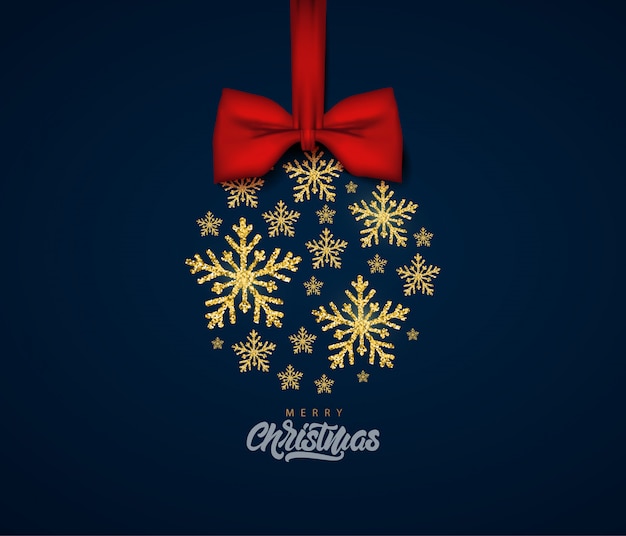 Tarjeta de felicitación de feliz Navidad con copos de nieve textura oro brillo