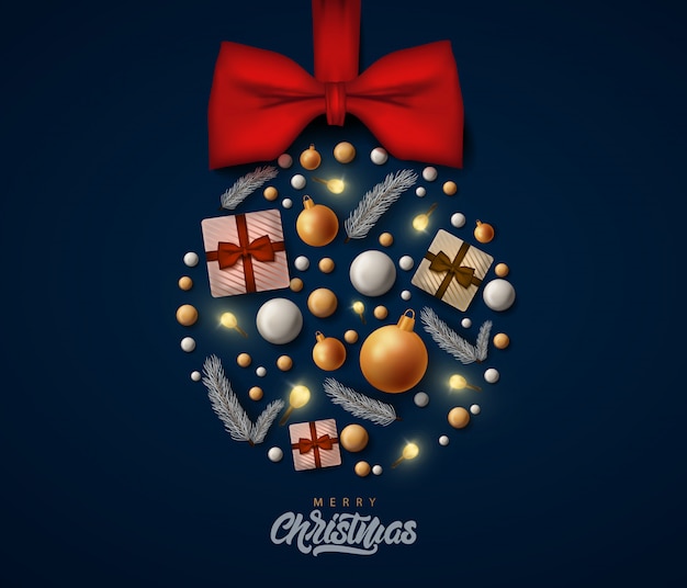 Tarjeta de felicitación de feliz Navidad con decoraciones realistas, bolas y regalos.