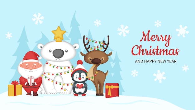 Tarjeta de felicitación de feliz Navidad con divertidos animales y Santa