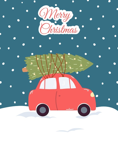 Tarjeta de felicitación de feliz Navidad en estilo plano de dibujos animados Ilustración de vector dibujado a mano con coche rojo y árbol de Navidad sobre un fondo nevado